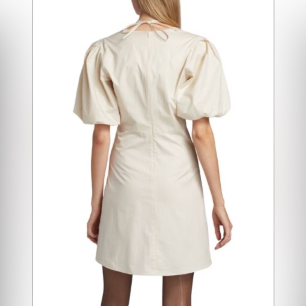 FRAME Off White Tie Neck Puff Sleeve Mini Dress Minimalist Soft Neutral XS - Picture 2 of 7